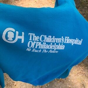 Jerzees Teal crewneck Tee with Hospital Logo Health  detail retro crackled